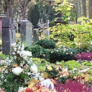 Klassische Gräber mit Grabmalen ind Bepflanzung